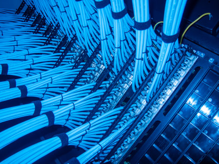 Captivating image of network cables arranged in a server room, showcasing blue lighting effects that enhance the visual appeal and highlight modern technology.の写真素材