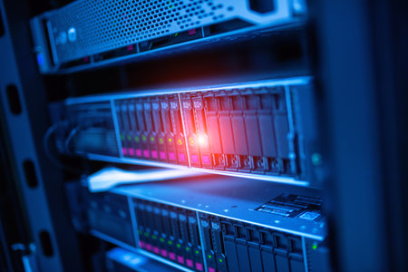 This image captures a close-up of a server rack in a data center, showcasing active LED indicators in a mesmerizing blue light, symbolizing technology and connectivity.の写真素材