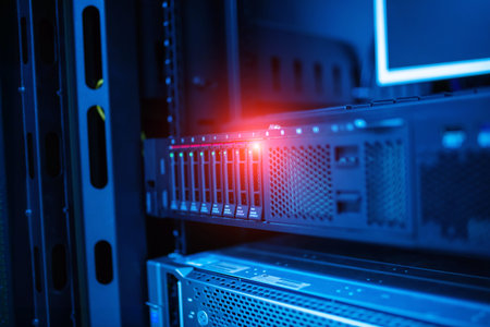 A detailed close-up of a rack-mounted server featuring glowing LED indicators in a blue-toned...