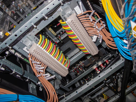 Detailed view of network cabling setup in a data center, showcasing wires and connectors meticulously organized for optimal performance and connectivity management.の写真素材