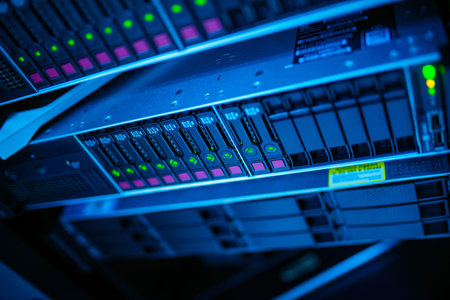 Close-up view of a data storage server with LED indicators, showcasing its technology and design in...