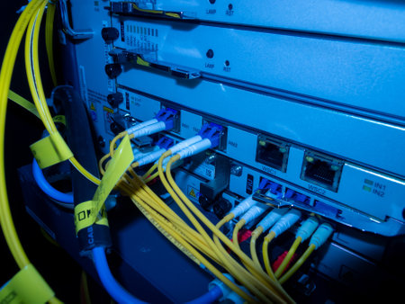Close-up view of network equipment showcasing colorful cables and connections in a server room. Modern technology and infrastructure in action.の写真素材