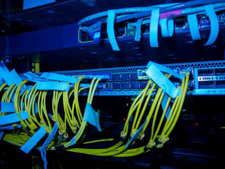 Detailed view of network equipment featuring yellow cables and blue lighting in a server room, illustrating modern technology and data management systems.の写真素材