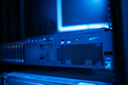 A close-up view of a modern server rack featuring blue lighting in a data center. This image...