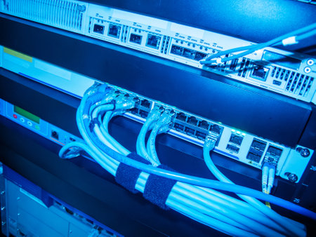 Detailed view of network switches and cables illuminated in blue light, showcasing high-tech equipment in a server room for efficient data management and connectivity.の写真素材