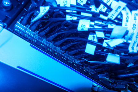 Close-up view of networking equipment showcasing multiple cables and connections illuminated by a striking blue light, highlighting modern technology in a data center environment.の写真素材