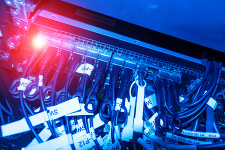 Explore a vibrant close-up of cables and connectors in a server room, highlighting the importance of organization and technology in digital infrastructure.の写真素材