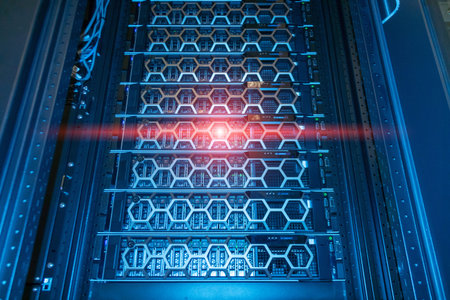 A sleek high-tech server rack showcases advanced technology in a modern data center. The illuminated...