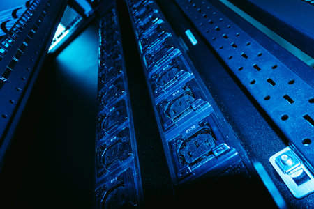 Detailed view of power distribution units in a modern data center illuminated by blue light,...
