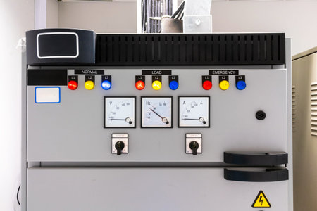 A detailed view of an industrial control panel featuring various gauges and buttons for monitoring...