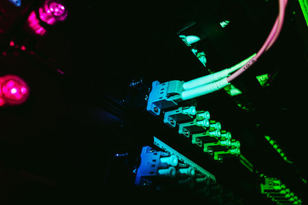 A vibrant close-up view of fiber optic cables connected to a high-tech network switch. The glowing cables create a visually striking effect in a modern tech environment.の写真素材