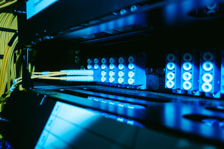 A detailed close-up view of fiber optic cables within a data center rack, showcasing the intricate...