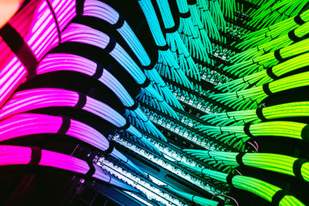 This vibrant image showcases colorful network cables in a server room, illuminated with striking...