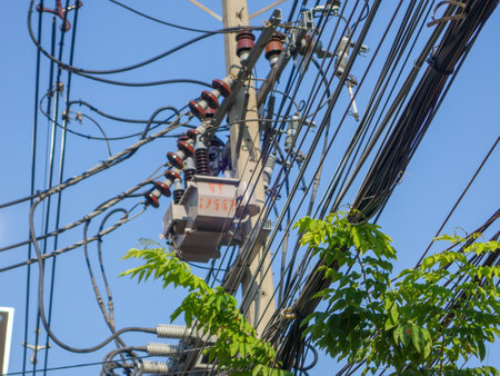 A close-up view of power lines and a transformer against a bright blue sky, surrounded by green leaves. This image highlights urban electricity infrastructure.の写真素材