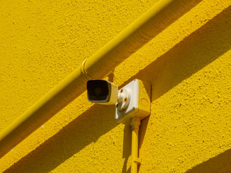 A surveillance camera is installed on a bright yellow wall, surrounded by decorative pipes. This image symbolizes modern security technology and monitoring.の写真素材