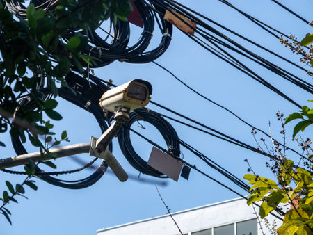 A surveillance camera is positioned high above tangled electrical cables, surrounded by greenery. This image captures the intersection of technology and nature in an urban area.の写真素材