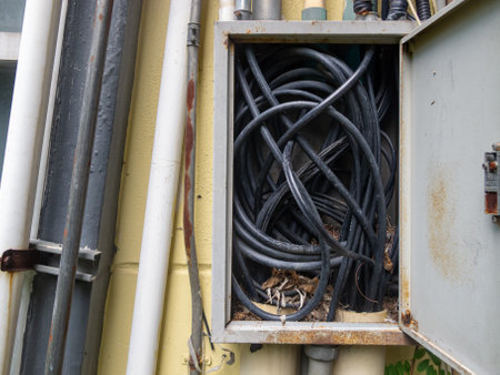 This image features a disorganized collection of wires and cables inside an electrical box mounted on a building's wall. It highlights the complexity of electrical infrastructure.の写真素材