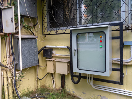 This image features an electrical control box mounted on a yellow building wall, showcasing urban...