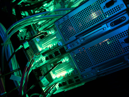 This image showcases green illuminated servers within a dynamic data center environment,...