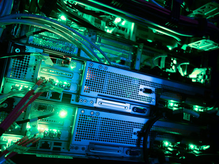 This striking image showcases colorful LED lights illuminating server equipment in a data center,...