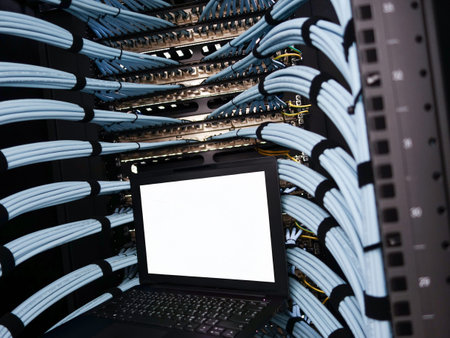 A detailed view of a data center showcasing a laptop amidst organized networking cables. The image...