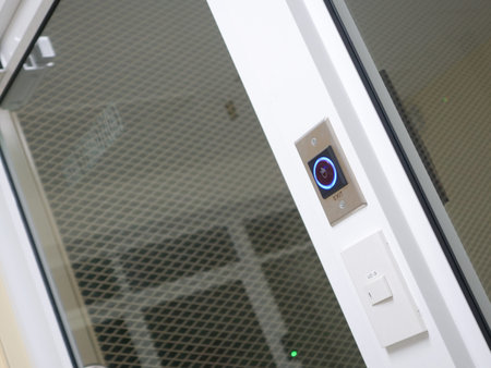 This image showcases a modern door control panel featuring an LED indicator light. It emphasizes...