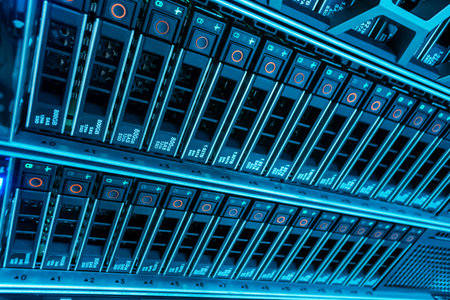 A close-up view of a modern data storage server featuring multiple hard drive bays and vibrant blue...