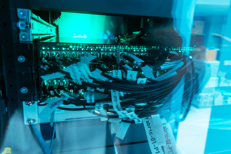 A close-up view of a network rack filled with colorful cables and labels in a modern data center,...