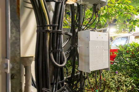 A detailed view of an electrical box surrounded by intricate wiring, showcasing the integration of...