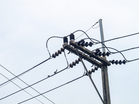 A detailed view of an electric utility pole featuring power lines, insulators, and wires against a...