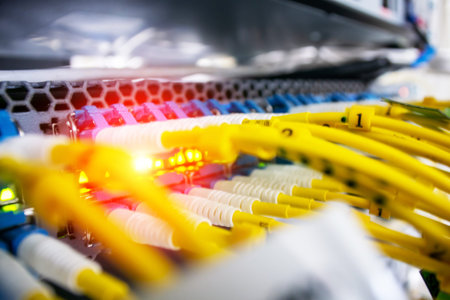 Close-up view of network equipment featuring bright yellow cables and integrated LED lights,...
