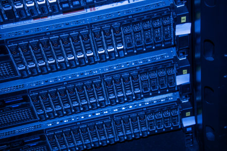 A detailed view of high-tech server racks highlighting digital interfaces and cables. This image showcases the heart of modern data management and communication technology.の写真素材