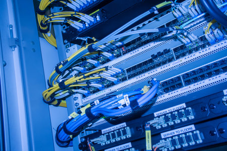 Close-up view of network cables organized in a server room. The image showcases technology infrastructure used for data management and connectivity.の写真素材