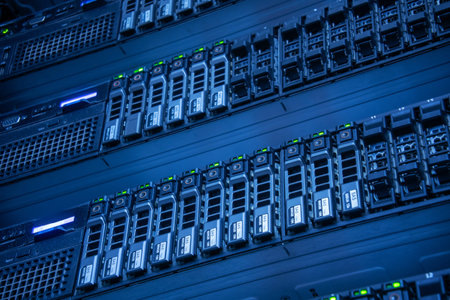 A close-up view of advanced server equipment setup in a server room. This image showcases modern...