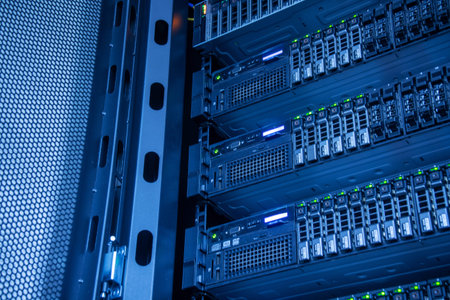 A detailed view of a modern data center server rack, showcasing multiple server units with...