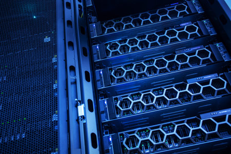 Modern server racks filled with high-tech data storage servers showcase intricate designs and...