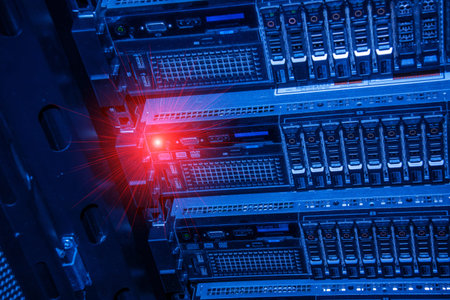 A close-up view of server racks in a modern data center, showcasing intricate hardware and LED...