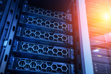 A detailed view of a modern server rack showcasing advanced data processing units and intricate...