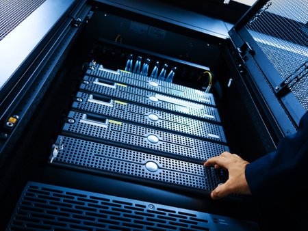 A hand reaching for servers in a data center rack, illustrating modern technology and equipment used in computing and networking environments.の写真素材