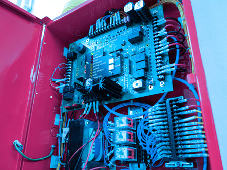 Close-up view of a circuit board housed in an electronic control box showcasing intricate wiring and...