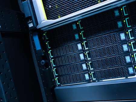 A close-up view of a modern data storage rack showcasing multiple hard drives. This image highlights the intricate technology used in data centers for effective data management.の写真素材