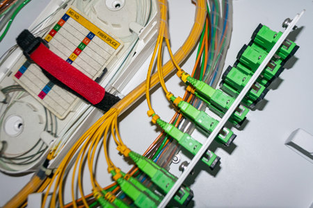 Close-up view of fiber optic cables connected in a data network setup, showcasing critical...