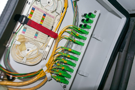 Close-up of a fiber optic distribution frame showcasing organized connectors and cables within an...