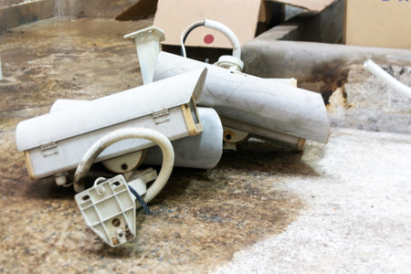 An assortment of discarded security camera equipment rests on a dirty floor, highlighting urban neglect and the aftermath of outdated technology.の写真素材