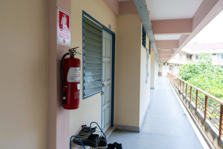 A fire safety extinguisher installed in a public corridor, showing an emergency protocol sign. This image highlights the importance of fire safety regulations in buildings.の写真素材