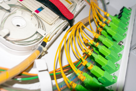 Close-up view of fiber optic cable connections within networking equipment, showcasing the intricate...