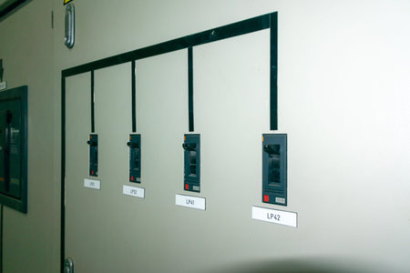 A detailed view of an electrical control panel showcasing circuit breakers and labels, highlighting...