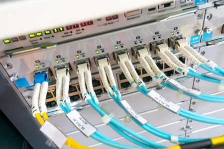Close-up perspective of a network switch featuring organized fiber patch cables, highlighting the...
