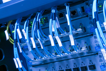A close-up view of network cables connected in a server rack, illustrating the essential technology...