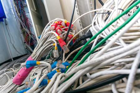 A close-up view of tangled cables and wires sprawled across an office environment, showcasing the chaos of technology infrastructure and communication systems.の写真素材